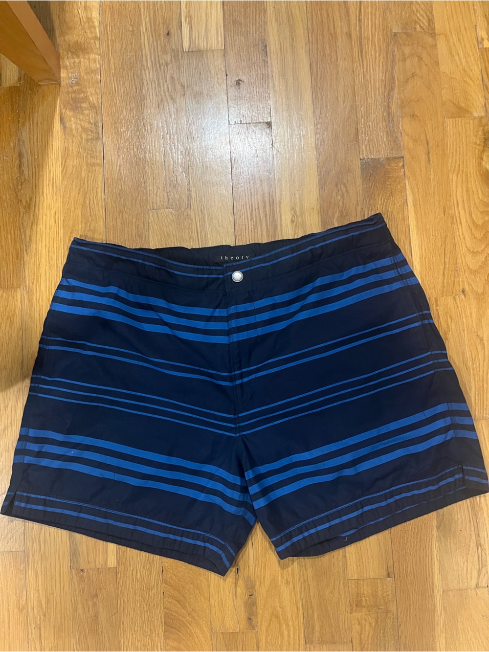 Theory Navy and Blue Striped Swim Shorts